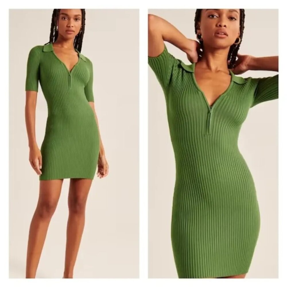 Abercrombie & Fitch Green Ribbed Stretch Knit Dress Polo Bodycon Small Petite